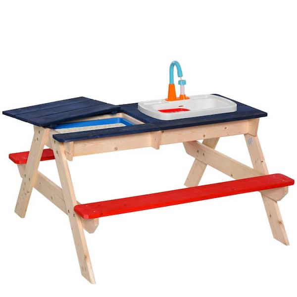 Unbranded 37 in. W Kids Light Brown Wood Rectangle Sand Water Picnic Table and Bench Set with Sandbox, Water Circulation Faucet