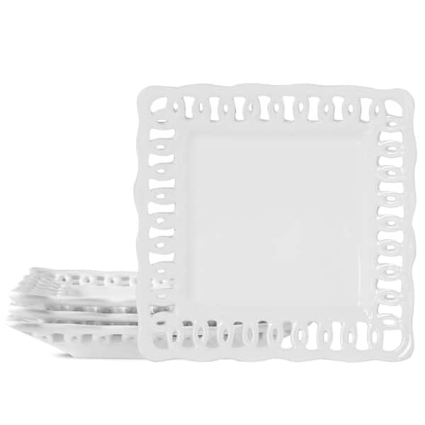 Square 8 in Ceramic Appetizer Plates Set of 4 with Lace Rim, White Dessert Plates for Cake and Snacks