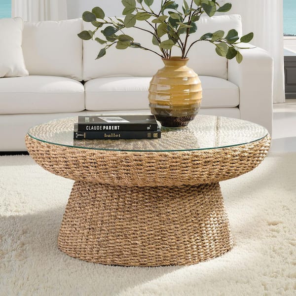 Lena Natural 34 in. Round Wood Coastal Coffee Table with Natural Seaweed Material