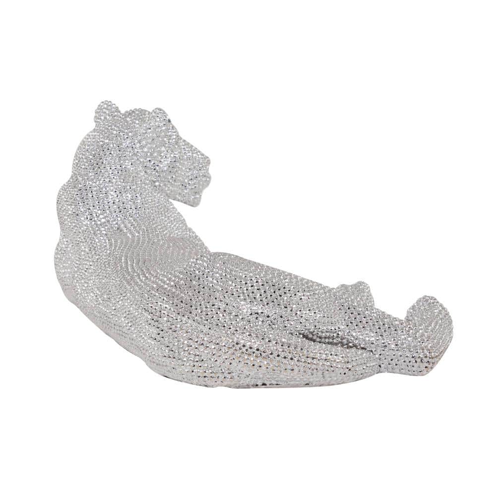 Silver Polystone Glam Leopard Floor Sculpture with Faceted Diamond Texture