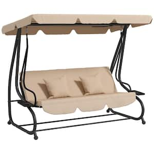 3-Seat Metal Outdoor Patio Swing Chair, Converting Flatbed, Outdoor Swing Glider, Removable Cushion and Pillows