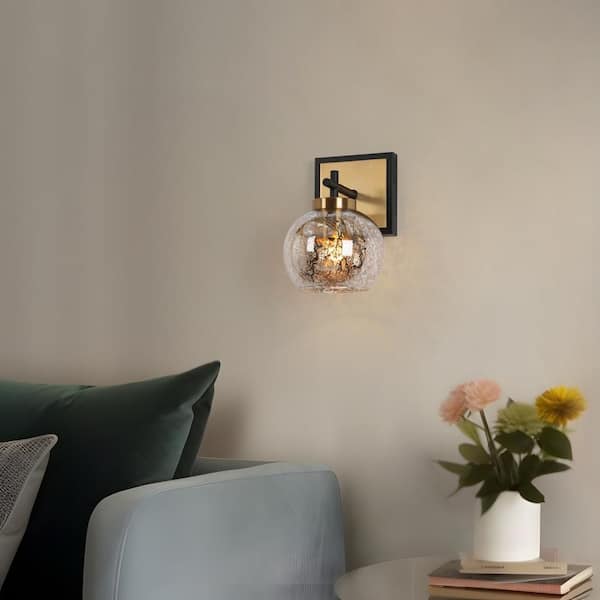 Ceedar Modern 1-Light Brass Gold Indoor Wall Sconce, Globe Mercury Glass Wall Light, Modern Black Bathroom Vanity Light