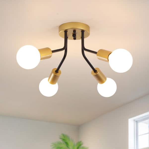 LWYTJO Fasiha 14.75 in. 4 Light Black/Gold Sputnik Sphere Chandelier Industrial Vintage Linear Semi Flush Mount Ceiling Light