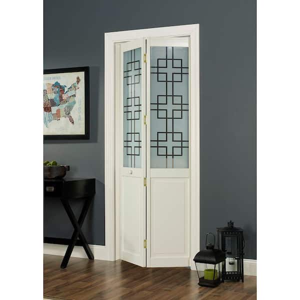 30 in. x 80 in. Geometric Glass Over Raised 1/2-Lite Decorative Panel Pine Wood Interior Bi-fold Door