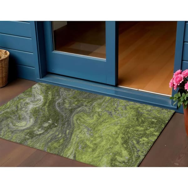 Olive Green, Lime Green 3 ft. x 5 ft.  Woven Abstract Polyester Rectangle Indoor / Outdoor Area Rug