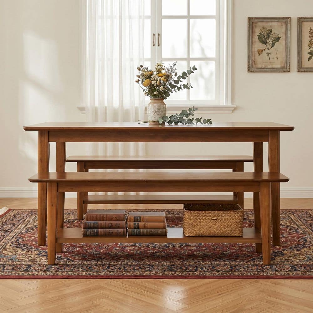 55.1 in. Brown Solid Wood Dining Bench Indoor Bench Entryway Bench Shoe Bench with Storage for Kitchen, Living Room