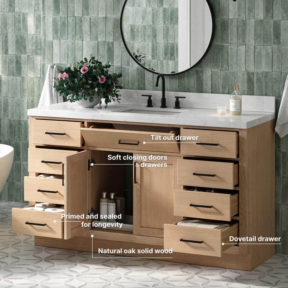 Hepburn 60" Light Oak Freestanding Bathroom Vanity Base