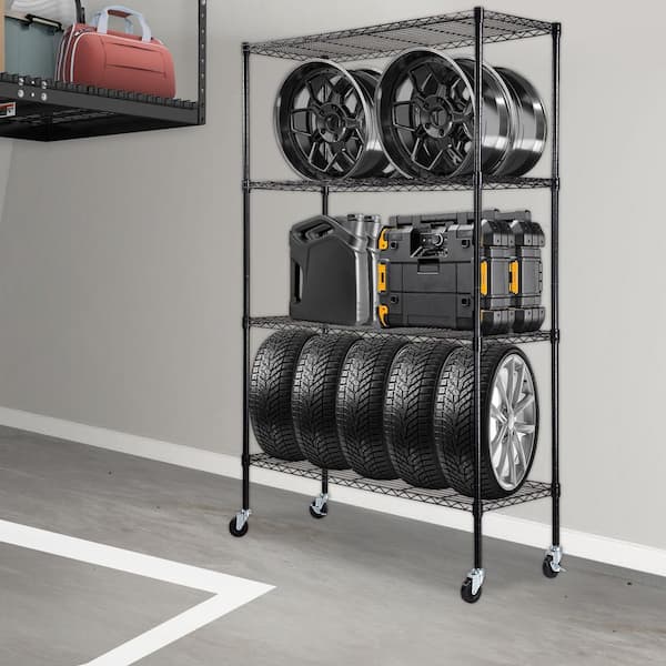 4-Tier Storage Shelving Unit & Wheels, 700 lbs. Capacity, Heavy Duty Metal Wire Rack, Black, 47.2x17.7x74in. for Kitchen