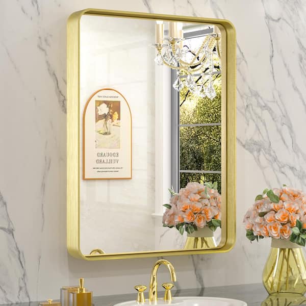 TETOTE 18 in. W x 24 in. H Rectangular Aluminum Framed Wall Mount Bathroom Vanity Mirror in Gold