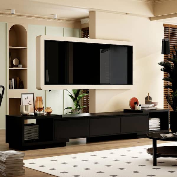 FUFU&GAGA Extendable TV Stand Entertainment Center Black Wood Media Console Fits TV up to 120 in., With Drawers (65.4-106.3"W)