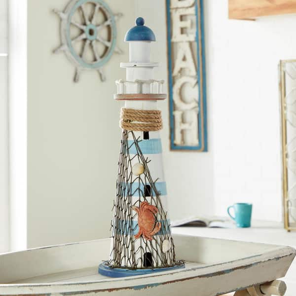 7 in. x 16 in. White Wood Light House Sculpture with Netting
