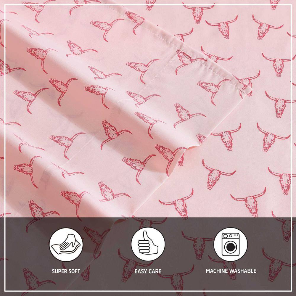 Pink Steer Skulls Print Queen Microfiber Sheet Set