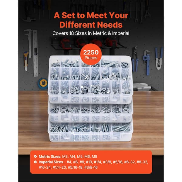 2250 Pcs Bolts and Nuts Assortment Kit, Metric+Imperial Screws and Flat Washers, Alloy Steel M3/M4/M5/M6/M8, 2025 Update