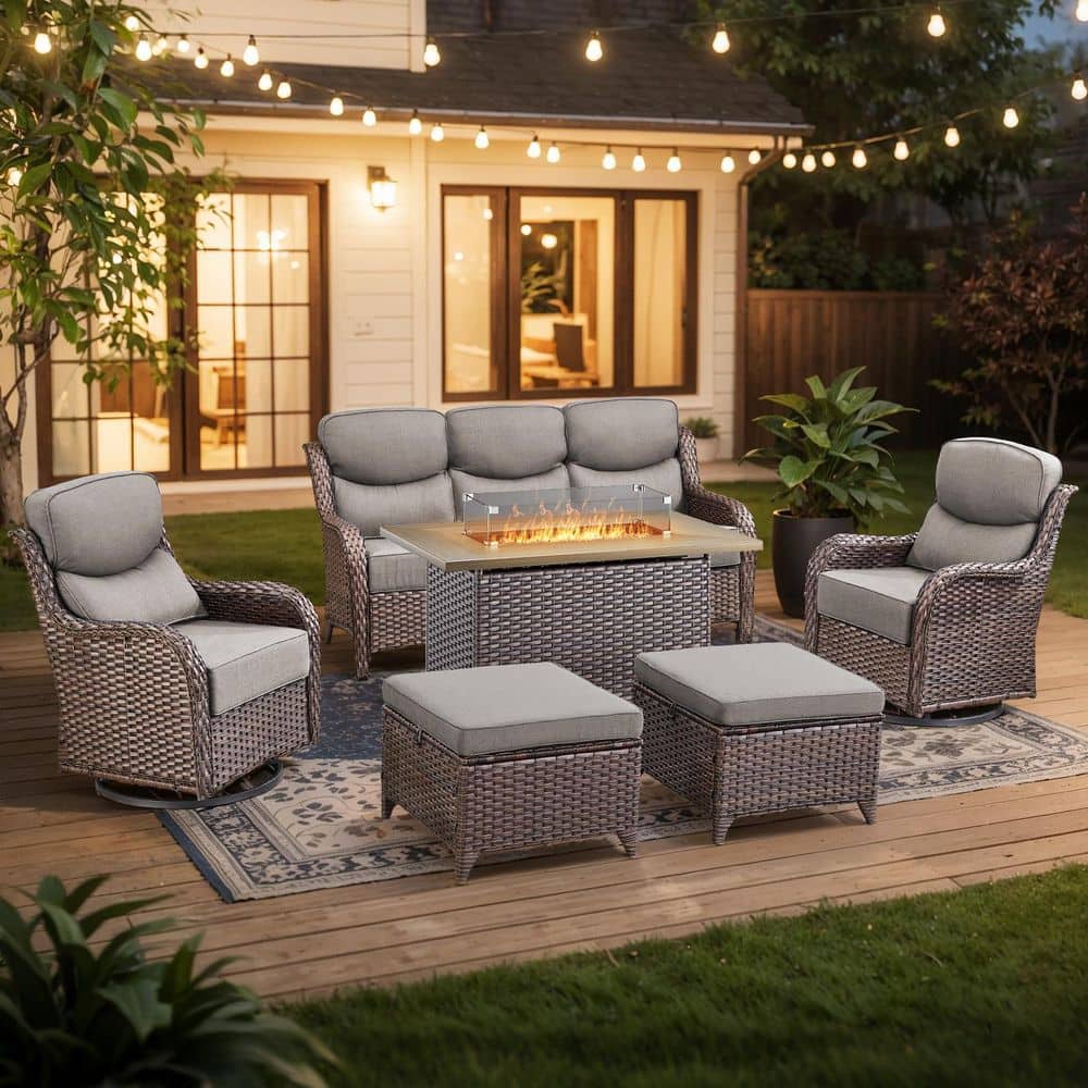 Holion 6-Piece Brown Wicker Patio Fire Pit Conversation Seating Set with Outdoor Swivel Glider Chairs with Gray Cushions price history on PriceWatchPro