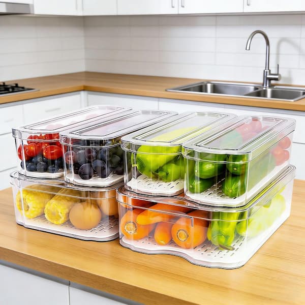 Clear Plastic Food Storage Container with Lids Fridge and Freezer Organizer Bins for Fruit Vegetable Storage (6-Pack)