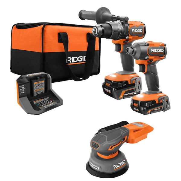 RIDGID 18V Brushless Cordless 2-Tool Combo Kit w/ (2) Batteries, Charger, Bag &FREE 18V Subcompact Brushless Low Profile Sander
