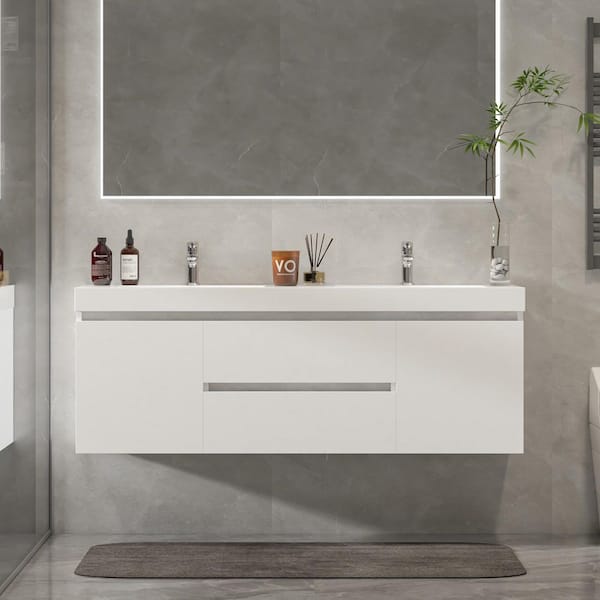 Annecy 60 in. W x 18.5 in. D x 20 in. H Bathroom Wall Hung Vanity in White with Double Basin Top in White Resin