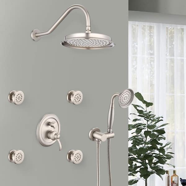 4-Spray Patterns with 2 GPM 9 in. Wall Mount Rain Fixed Shower Head with Body Jet Handshower in Brushed Nickel