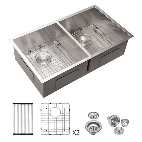 EPOWP 33 in. Undermount Double Bowl (50/50) 16 -Gauge Brushed Nickel Stainless Steel Kitchen Sink with Drying Rack