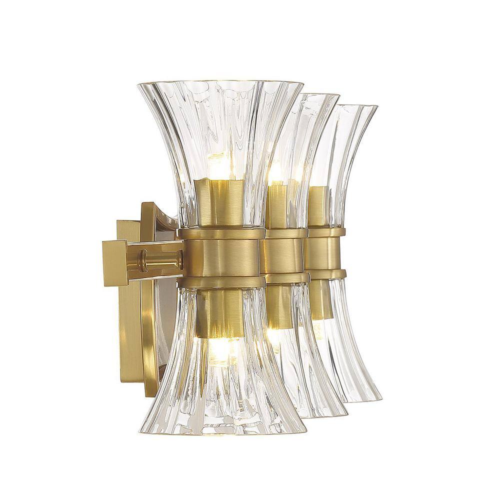 Warm Brass 6-Light Vanity with Clear Ribbed Glass Shades