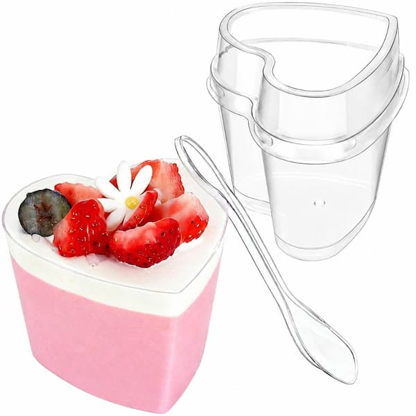 60-Pack 5 fl. oz. Clear Heart-Shaped PS Plastic Dessert Parfait Cups with Snap-On Lids and Spoons