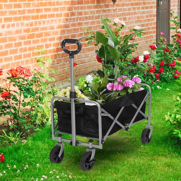 Oxford Fabric Steel Frame 4-Wheeled Outdoor Garden Cart Collapsible Folding Wagon in Black