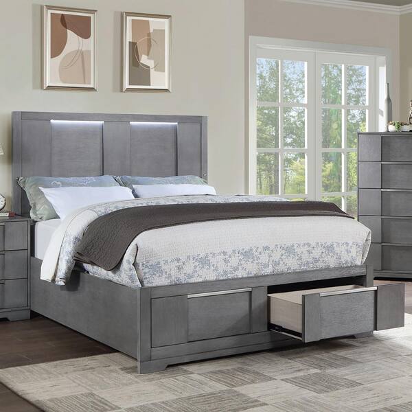 Furniture of America Invern Gray Wood Frame California King Platform Bed with Lighted Headboard and 2 Drawers IDF 7475GY CK
