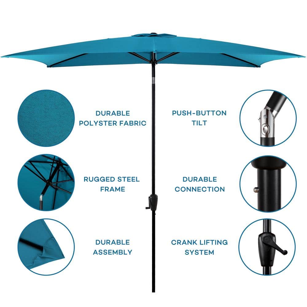 Teal Rectangular Steel Patio Umbrella with Tilt and Crank Lift
