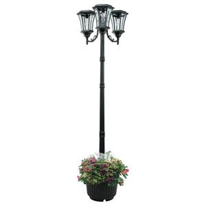 Avalon 84 in. 3-Head Black Outdoor Solar Lamp Post and Planter