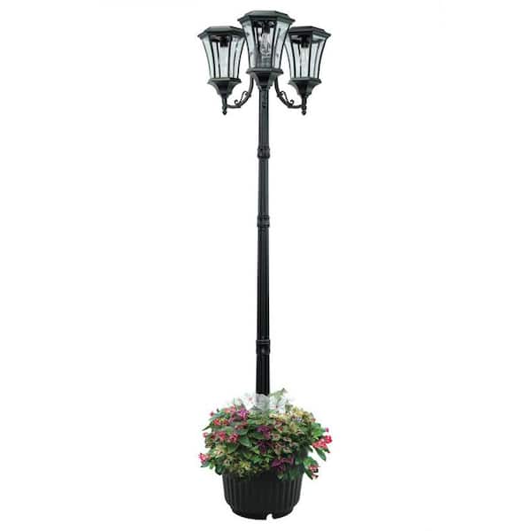 Sun-Ray Avalon 84 in. 3-Head Black Aluminum Outdoor Weather Resistant Solar Lamp Post and Planter