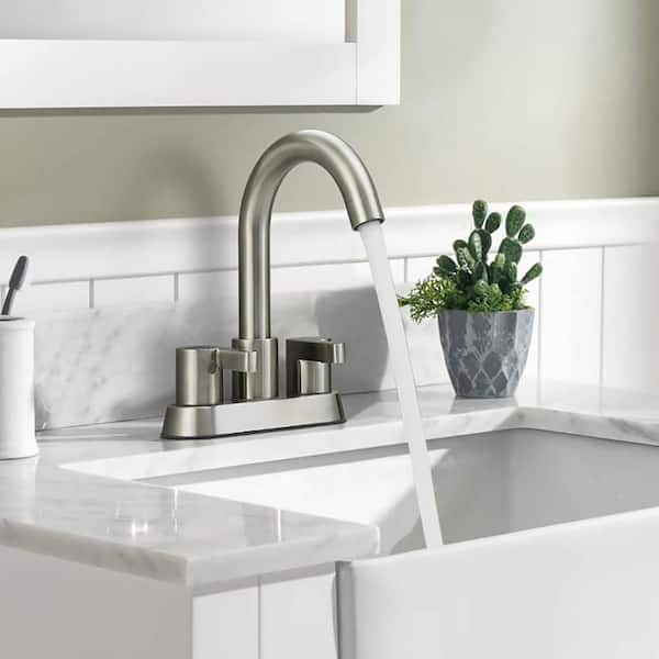 Staykiwi 4 in. Centerset Double Handle Mid Arc Bathroom Faucet with Drain Kit Included in Brushed Nickel