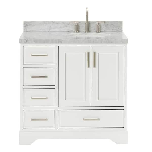 Stafford 36 in. W x 22 in. D x 36 in. H Right Single Sink Bath Vanity in White with Carrara White Marble Top