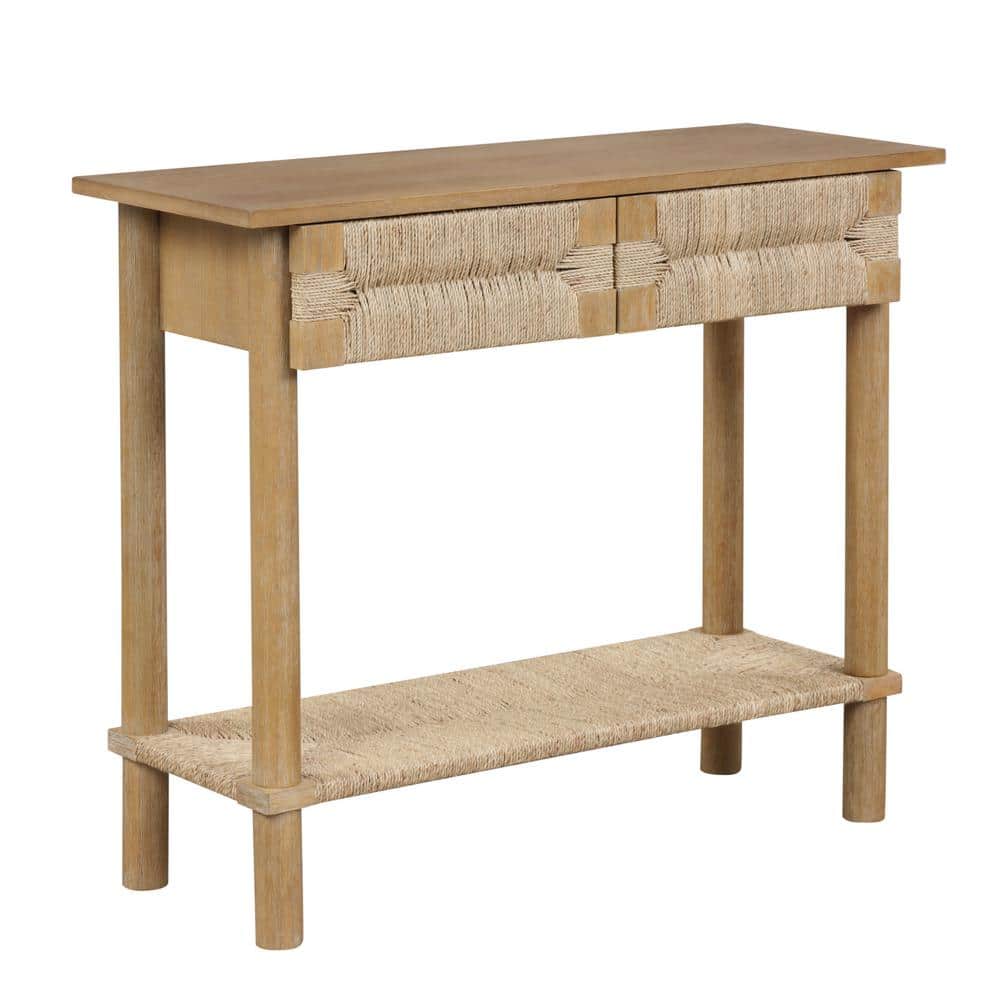Beacon Light Brown Wood Console Table with Seagrass Storage
