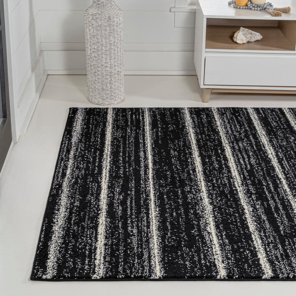 Williamsburg Minimalist Stripe Black and Cream Synthetic Rectangular Area Rug