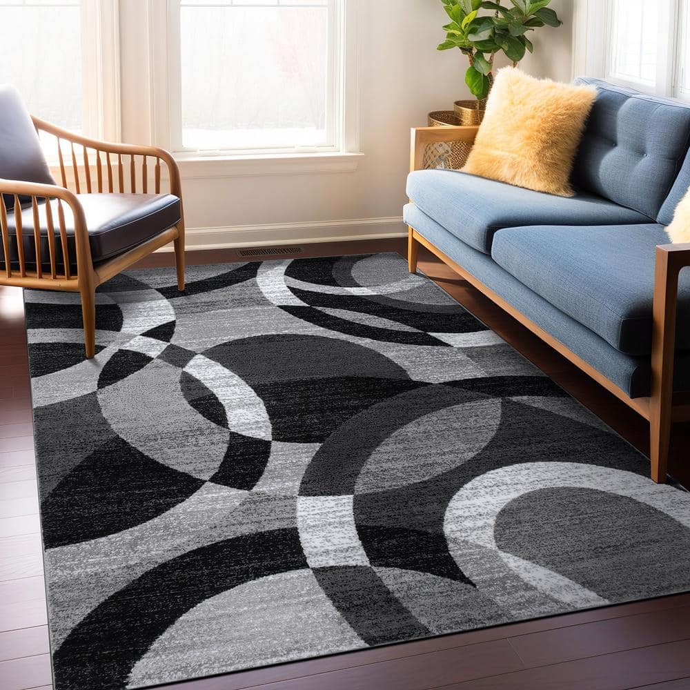 Gray Geometric Circles Stain-Resistant Runner Rug 2'7" x 8'