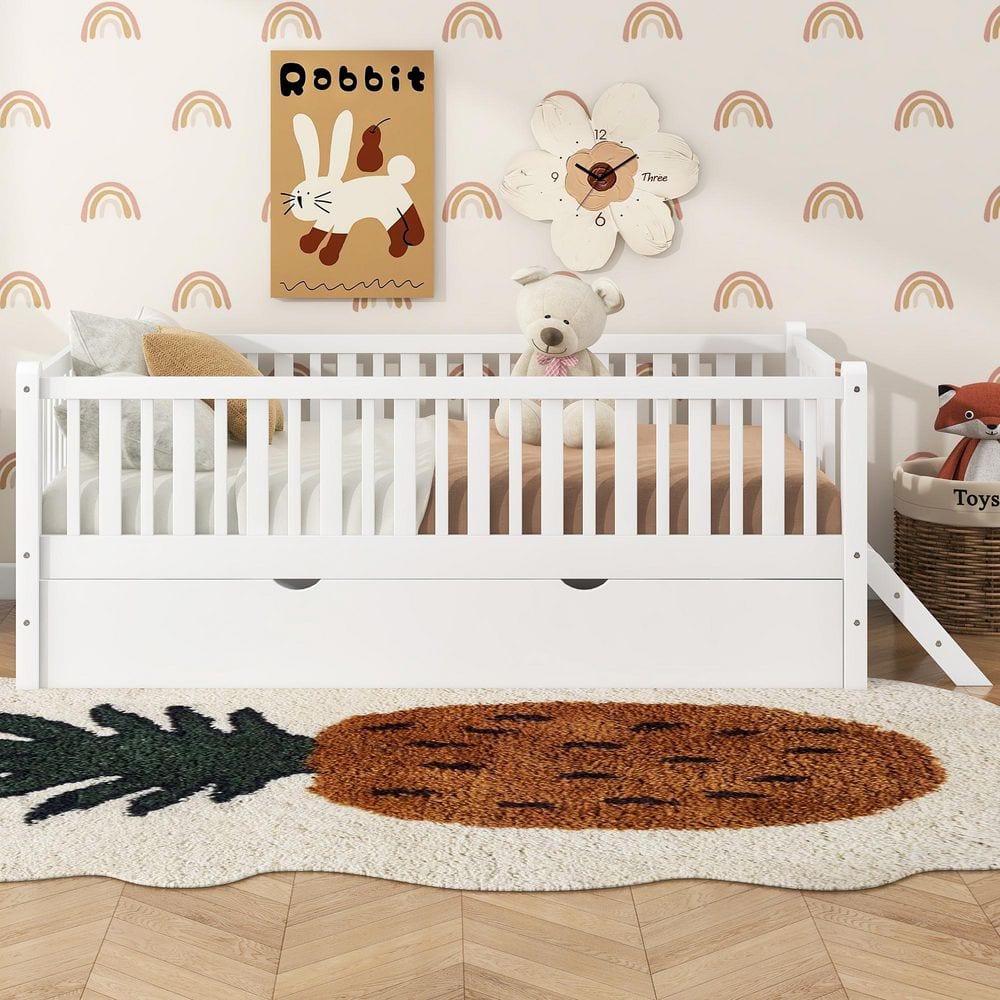 White Wood Frame Twin Size Platform Bed with Guardrail and Trundle price history on PriceWatchPro