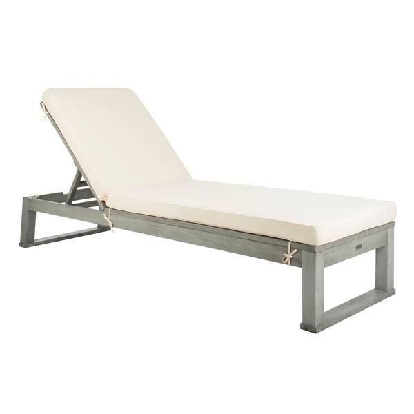 SAFAVIEH Solano Ash Grey 1-Piece Wood Outdoor Chaise Lounge Chair with White Cushion