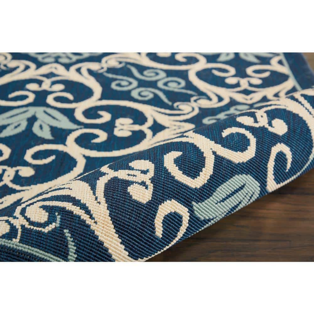 Navy Floral Synthetic Easy Care Outdoor Area Rug
