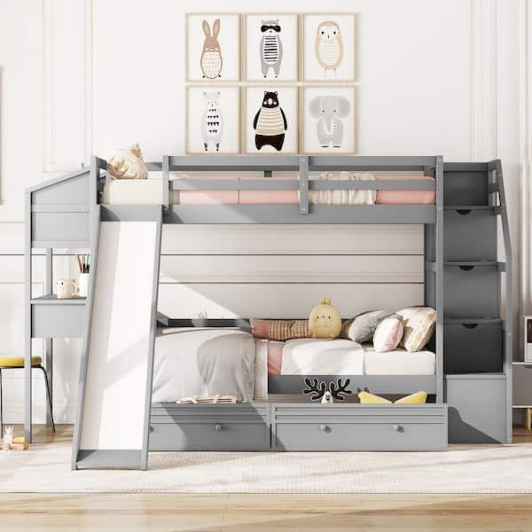 Gray Twin Bunk Bed with Staircase, Slide and Desk