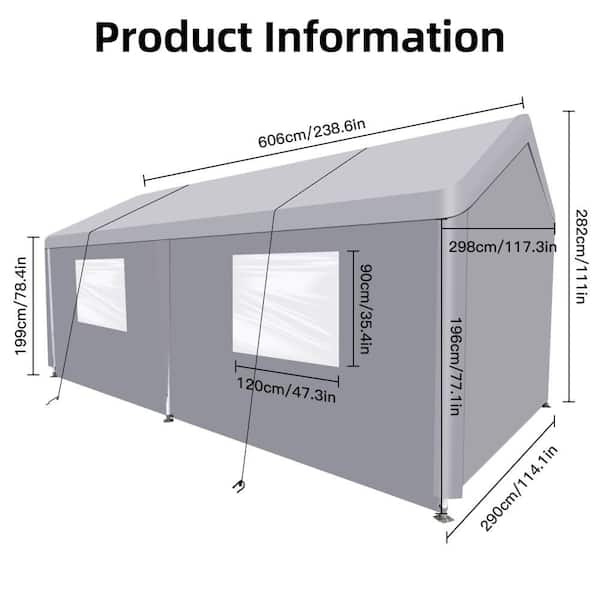 Unbranded 10 ft. W x 20 ft. D x 9. 25ft. H Gray Metal Carport. Heavy Duty Portable Carport Garage Tent for Outdoor Storage Shelte