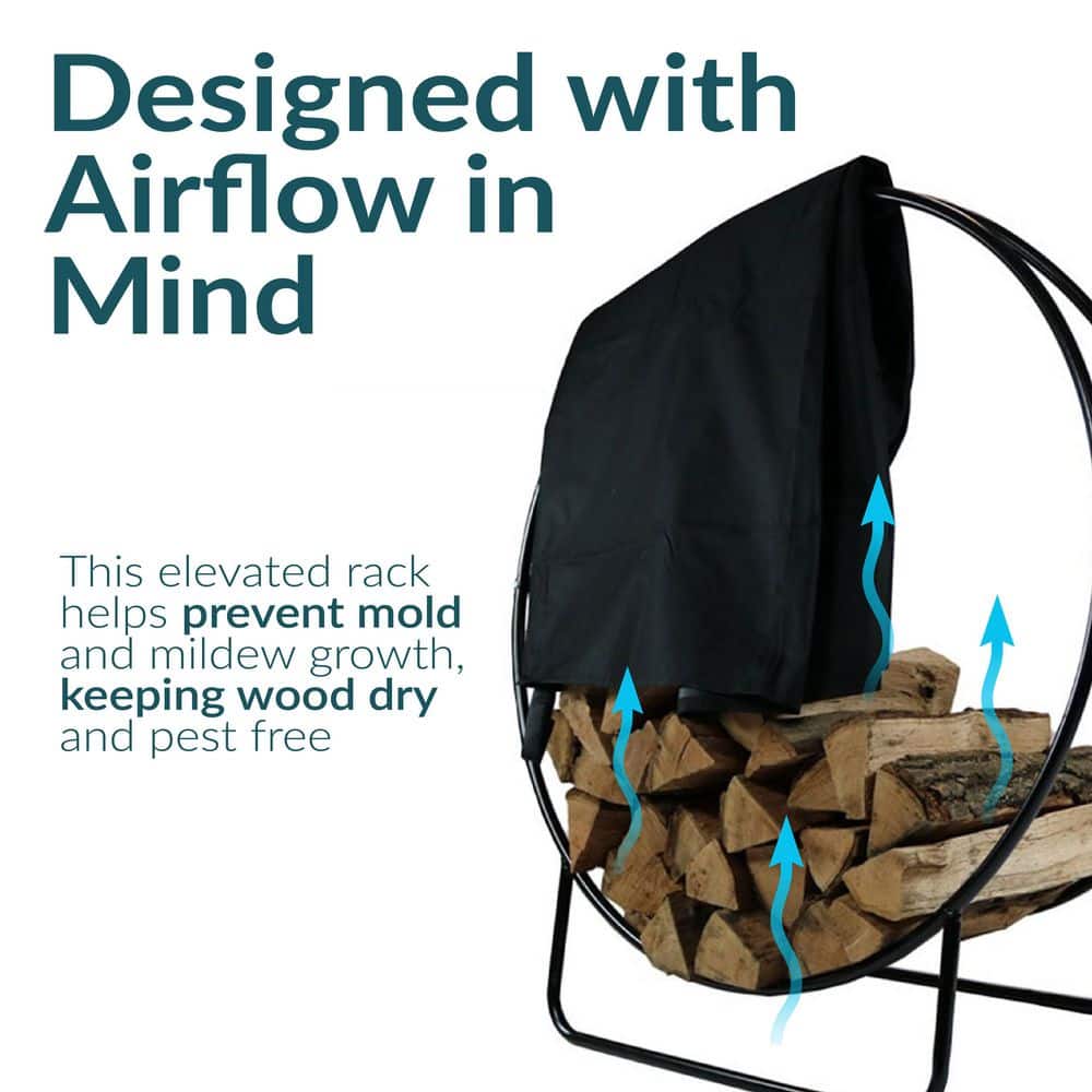 24-Inch Black Steel Firewood Log Hoop Rack with PVC Cover