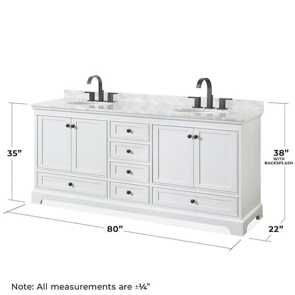 Deborah 80 in. W x 22 in. D x 35 in. H Double Bath Vanity in White with White Carrara Marble Top