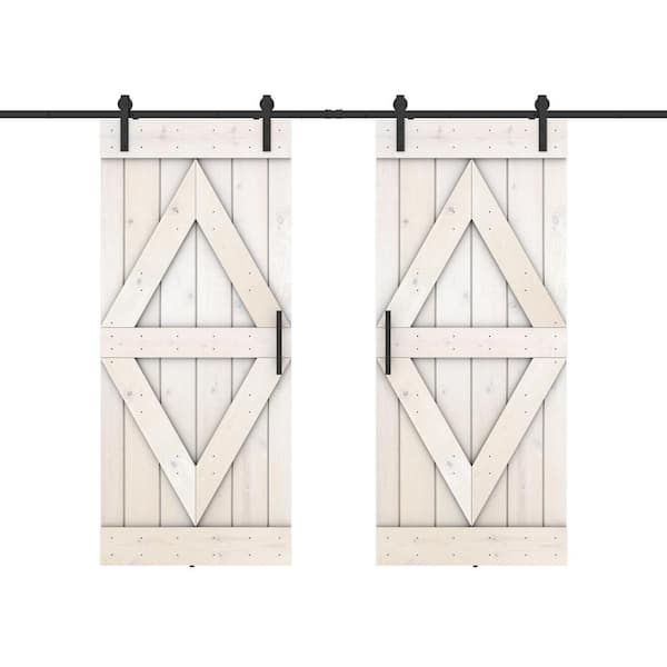 Dessliy Diamond Series 48 in. x 84 in. Fully Set Up White Finished Pine Wood Sliding Barn Door with Hardware Kit