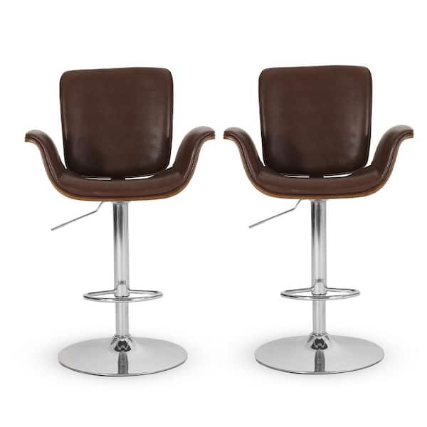 Noble House Mendon 39.75 in. Cognac Brown and Silver Bentwood Adjustable Swivel Barstools (Set of 2)