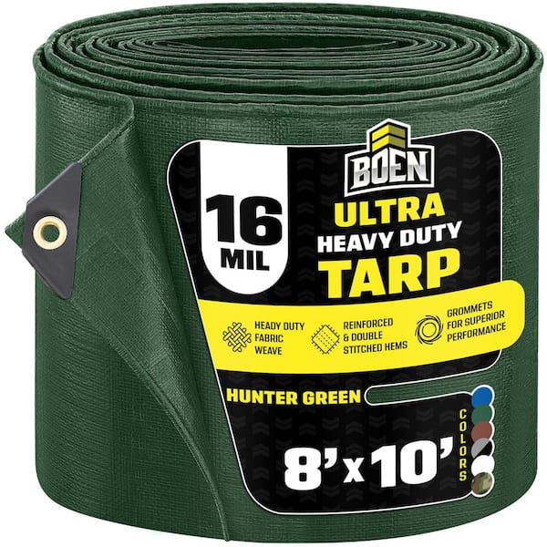 BOEN 8 ft. x 10 ft. Green Ultra Heavy-Duty 16 Mil Thick Hunter Tarp Cover, Waterproof, Tear Proof and UV Resistant