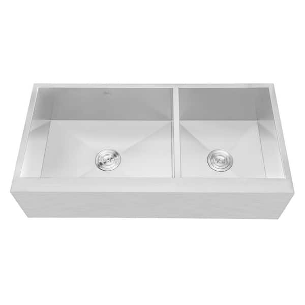 Kingsman Hardware Farmhouse Flat Apron Stainless Steel 42 in. x 21 in. x 10 in. 16-Gauge Double 60/40 Bowl Zero Radius Kitchen Sink Combo