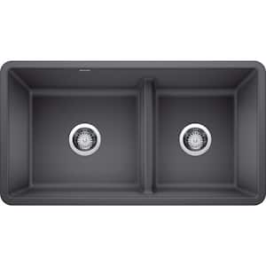 PRECIS Undermount Granite Composite 33 in. 60/40 Double Bowl Kitchen Sink with Low Divide in Cinder