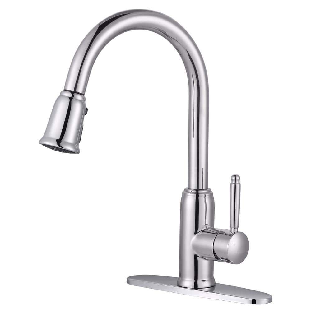 Single Handle Deck Mount Gooseneck Pull Down Sprayer Kitchen Faucet with Deckplate Included in Polished Chrome -  WOWOW, 2310101C-BHHD