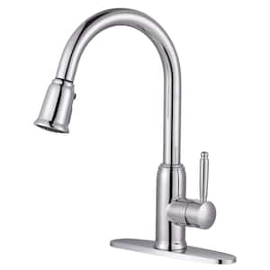 Single Handle Deck Mount Gooseneck Pull Down Sprayer Kitchen Faucet with Deckplate Included in Polished Chrome