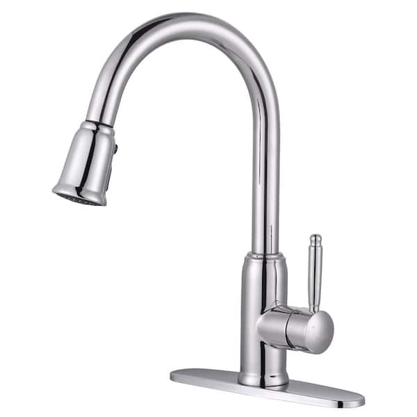 WOWOW Single Handle Deck Mount Gooseneck Pull Down Sprayer Kitchen Faucet with Deckplate Included in Polished Chrome